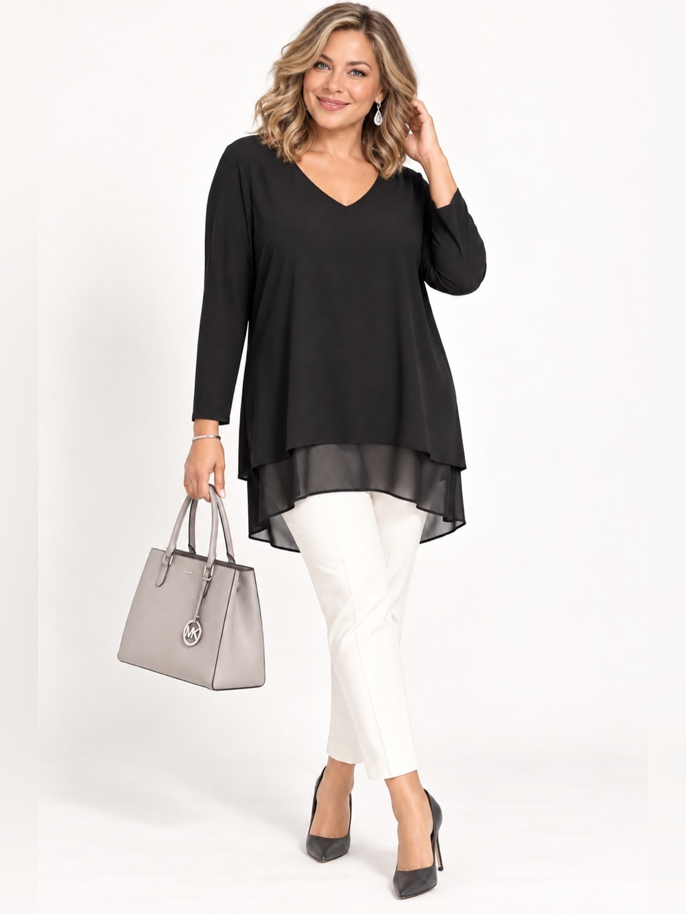 MICHAEL KORS Black Layered V-Neck Tunic Blouse Women’s Top Size XL